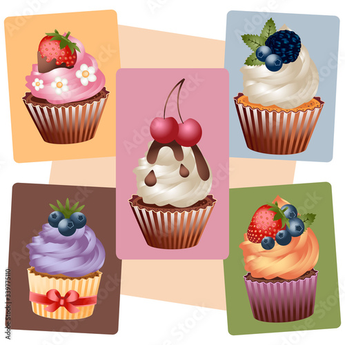 Magic cupcakes. Delicious and cute little cakes. Realistic vector drawing. Set for creativity. Icons for websites. For celebration.