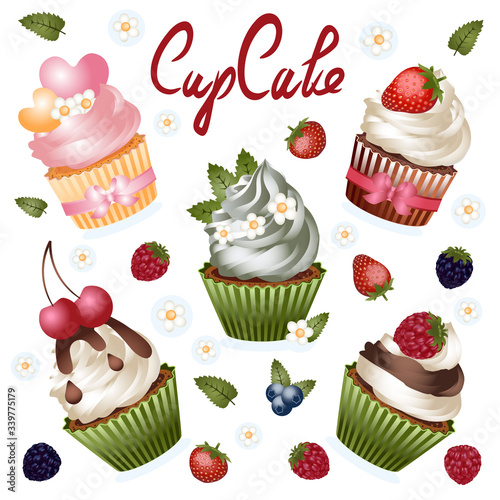 Colorful cupcakes are depicted on a white background. Isolated icons. Sweet pastries are decorated with various berries and sweets. A set for creativity and design. Icons for websites. For celebration