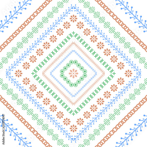 Beautiful embroidery design pattern with colorful stitches on fabric cotton.