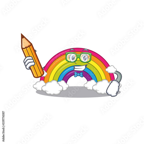 A brainy student rainbow cartoon character with pencil and glasses