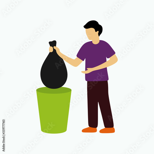 Guy throwing trash bags into container vector illustration