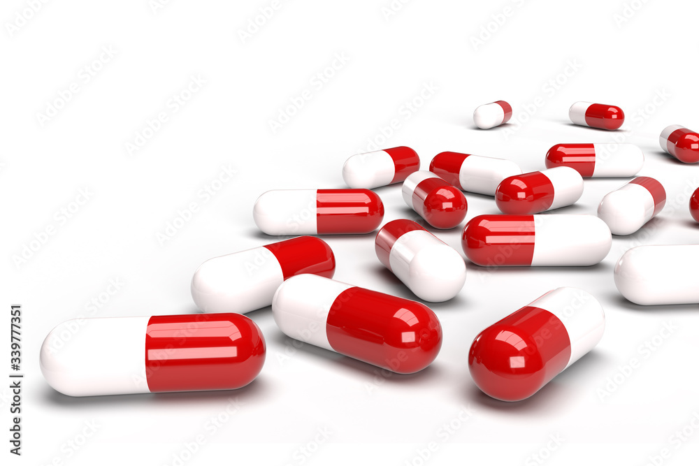 3D Red and White Capsule Pills Isolated on White Background 3D Red and White Capsule Pills Isolated on White Background