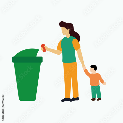 Woman throwing trash bags into container vector illustration