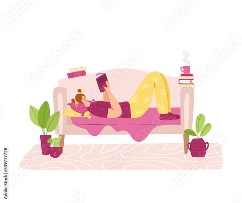 Woman reads book in cozy home rooms - home activities and literature fans concept, girl rests or studies at home, flat cartoon female textured characters isolated on white - vector illustration