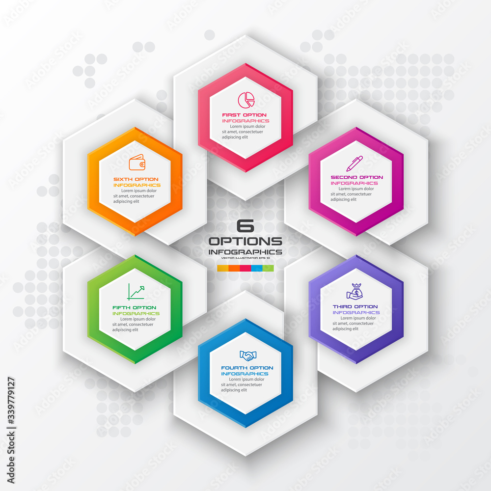 Abstract business infographics template with 6 hexagon in white color background Abstract business infographics template with 6 hexagon in white color background