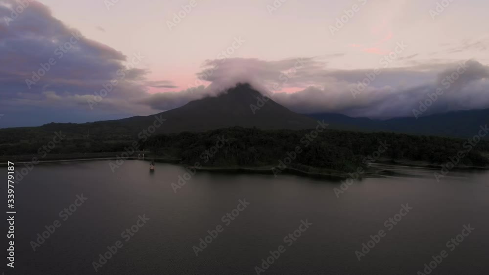 Clouds and Pink Sky over a Mountain During a Calm Evening in Costa Rica, Aerial Clouds and Pink Sky over a Mountain During a Calm Evening in Costa Rica, Aerial
