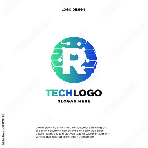 R Technology Circuit Alphabet. Logo. Simple, modern, futuristic. With Blue Gradation Color.