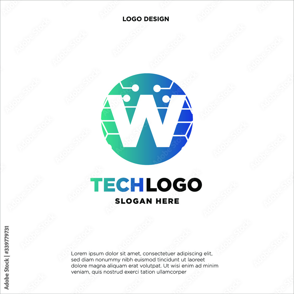 W Technology Circuit Alphabet. Logo. Simple, modern, futuristic. With Blue Gradation Color.