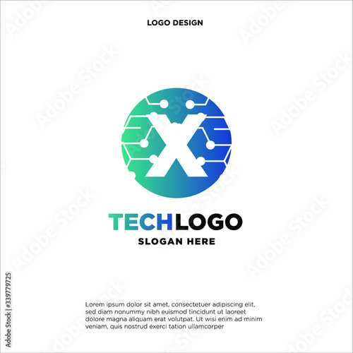 X Technology Circuit Alphabet. Logo. Simple, modern, futuristic. With Blue Gradation Color.