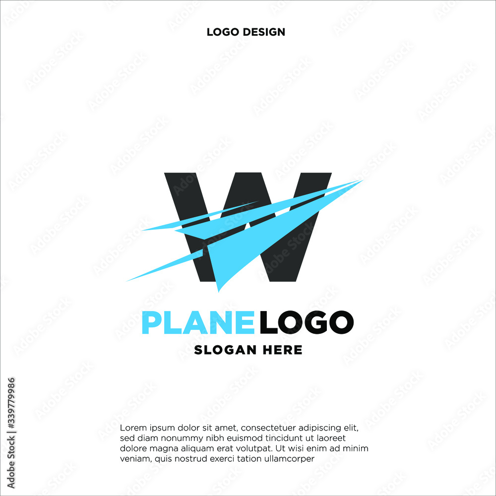 big capital letter W slashed with a paper airplane. aeromode logo vector.