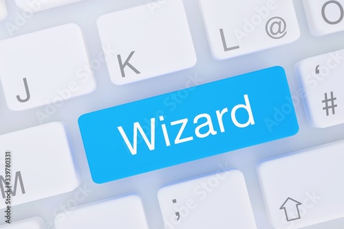 Wizard. Computer Tastatur von oben zeigt Taste mit Wort hervorgehoben. Software, Internet, Programm