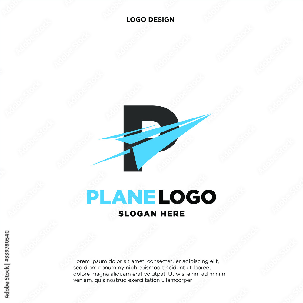 big capital letter P slashed with a paper airplane. aeromode logo vector.