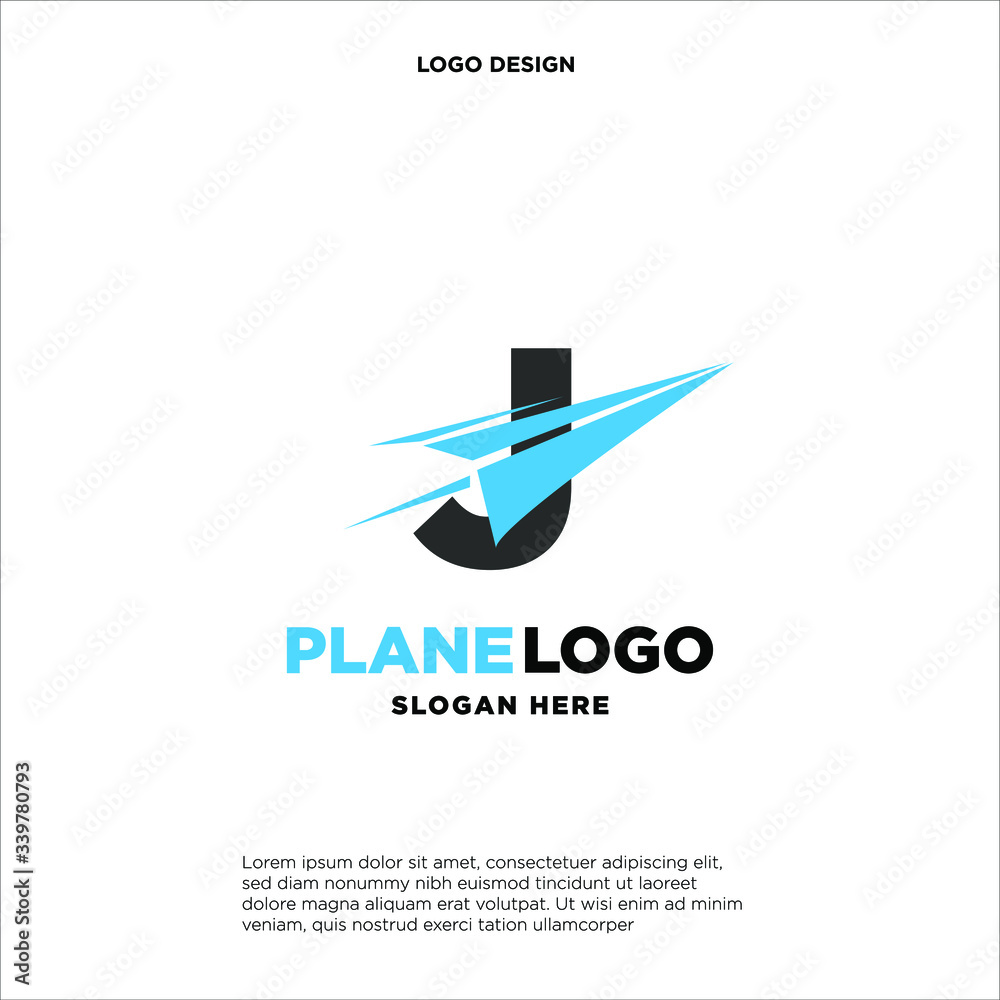 big capital letter J slashed with a paper airplane. aeromode logo vector.