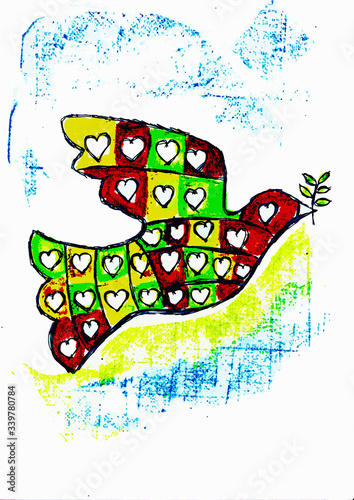 Colorful dove or pigeon carrying olive leaf branch on abstract colorful background and clipping path and international day of peace