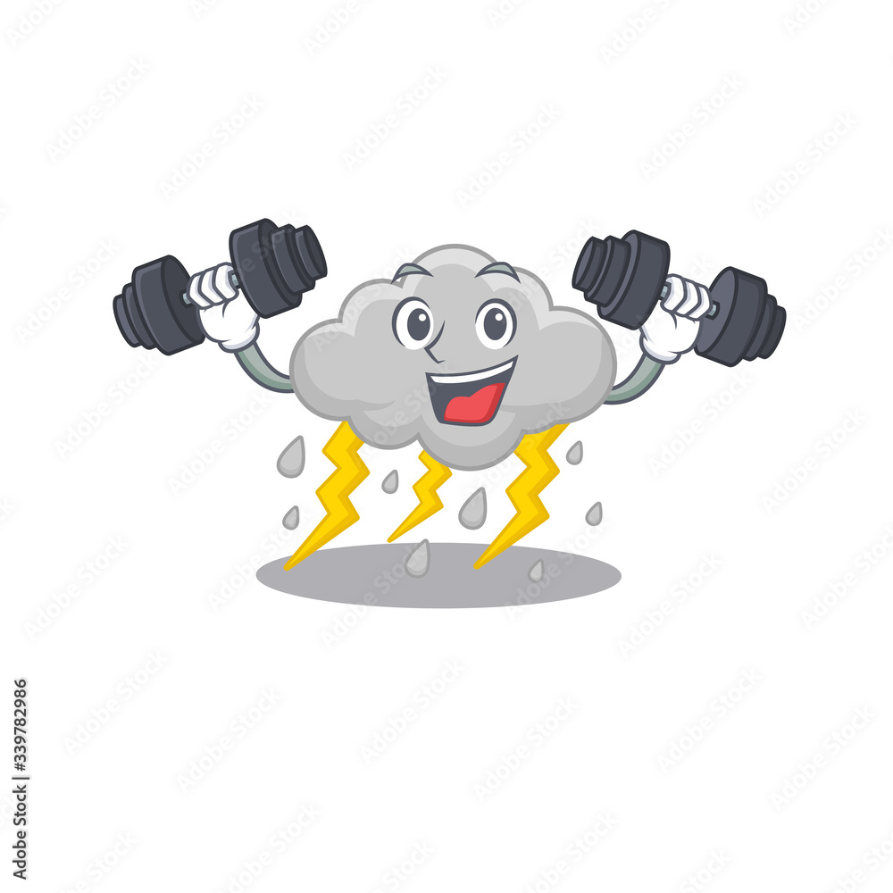 Mascot design of smiling Fitness exercise cloud stormy lift up barbells Mascot design of smiling Fitness exercise cloud stormy lift up barbells