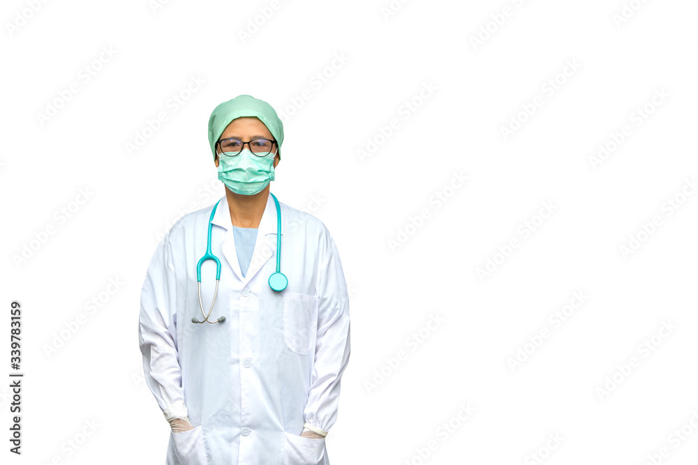 Asian female doctor or nurse with mask looking at camera isolated on white background Asian female doctor or nurse with mask looking at camera isolated on white background
