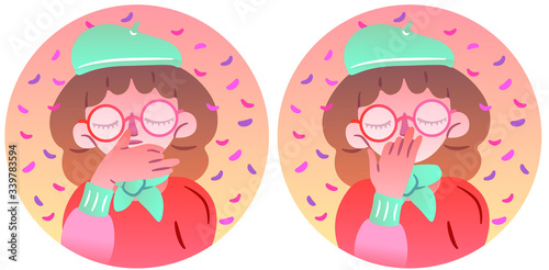 Romantic cute illustration of a girl in a beret makes alternative nostril breathing. Vector isolated illustration of pranayama in the spring season. Breathing practice to calm the nervous system.