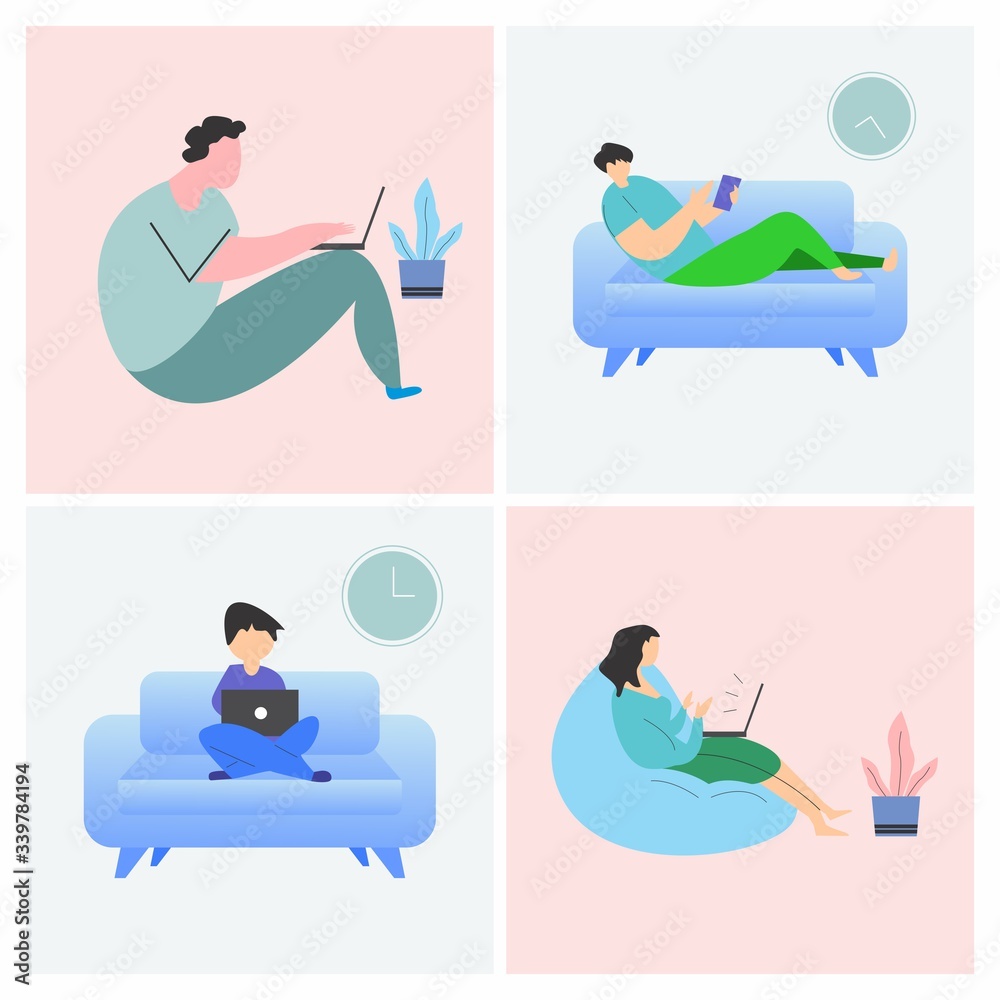 Fototapeta premium Work from home, home office. An employee works from home because of the 2019-nCoV coronavirus epidemic. Social Distancing Concept. Flat Vector Illustration Set.