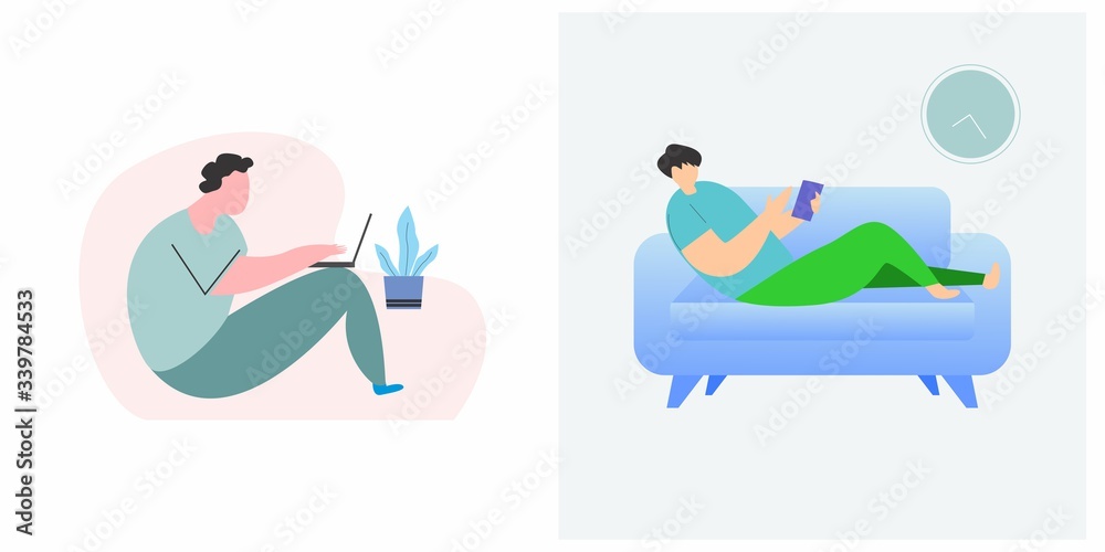 Work from home, home office. An employee works from home because of the 2019-nCoV coronavirus epidemic. Social Distancing Concept. Flat Vector Illustration Set.