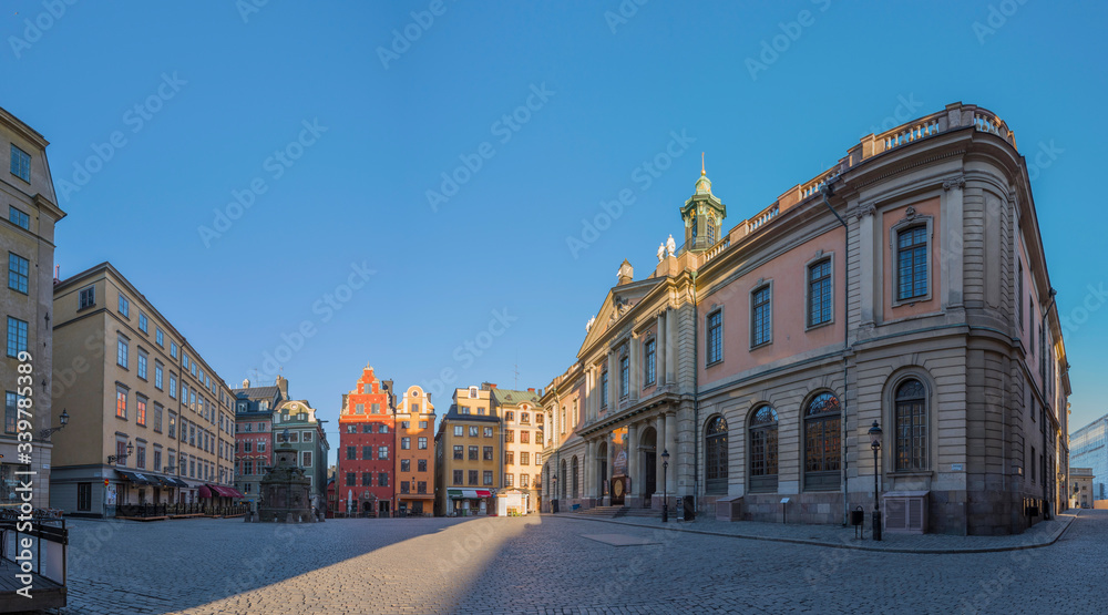 Morning view over the empty square 
Stor Torget in the old town district Gamla Stan in Stockholm at the corona shut down 