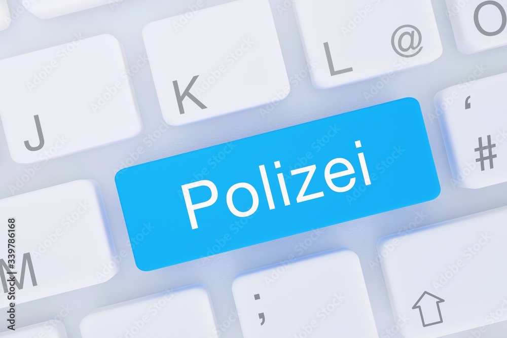 Polizei. Computer Tastatur von oben zeigt Taste mit Wort hervorgehoben. Software, Internet, Programm