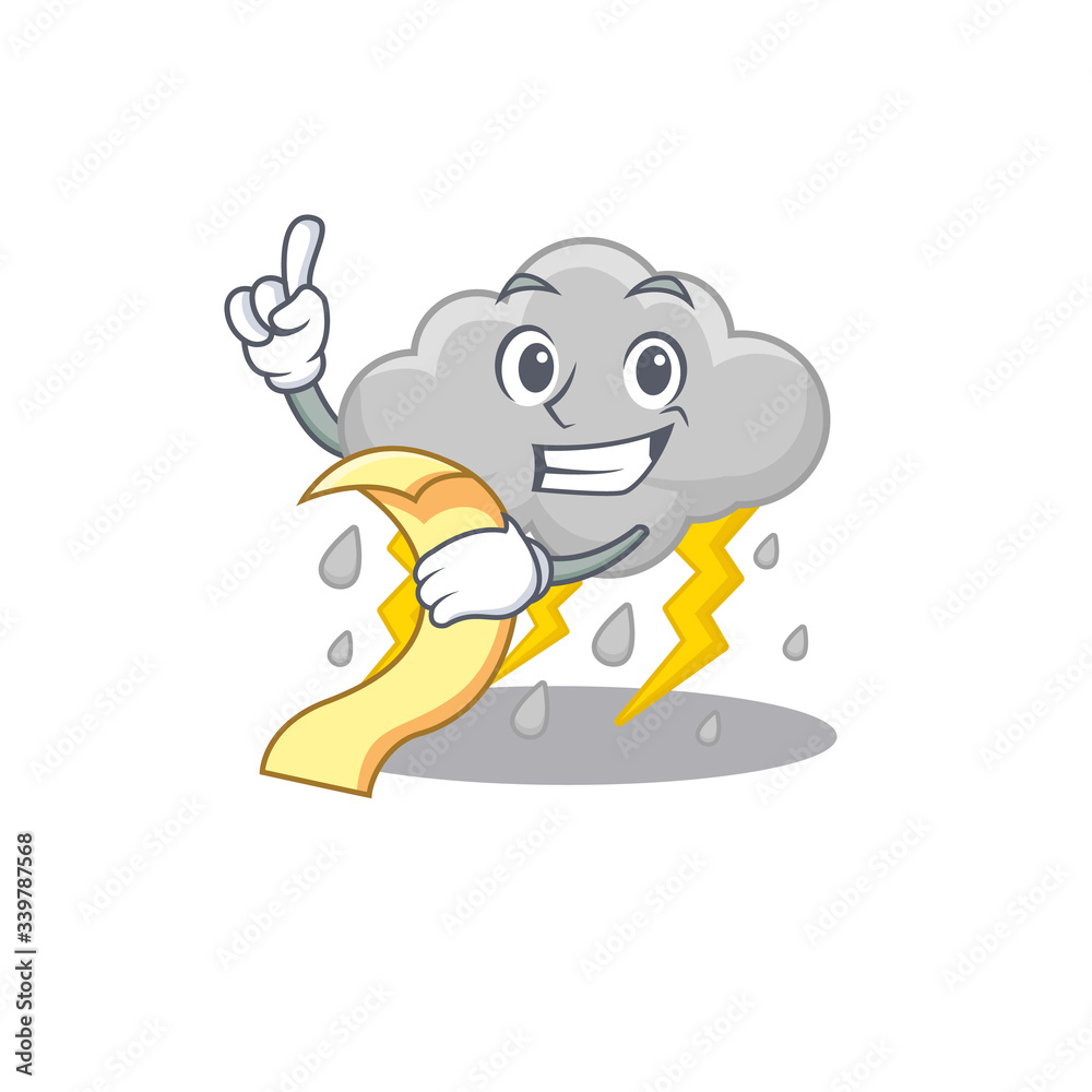 Cloud stormy mascot character design with a menu on his hand Cloud stormy mascot character design with a menu on his hand