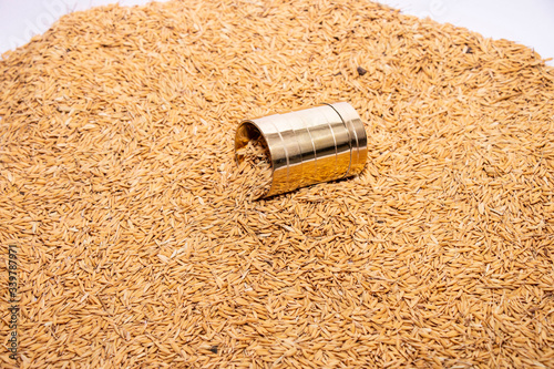 Paddy rice with brass measuring jar on a white background