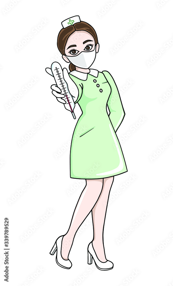 Nurse in medical mask and gloves with thermometer in hands. Thermometer reading. First medical aid. Temperature control. Vector illustration. Nurse in medical mask and gloves with thermometer in hands. Thermometer reading. First medical aid. Temperature control. Vector illustration.
