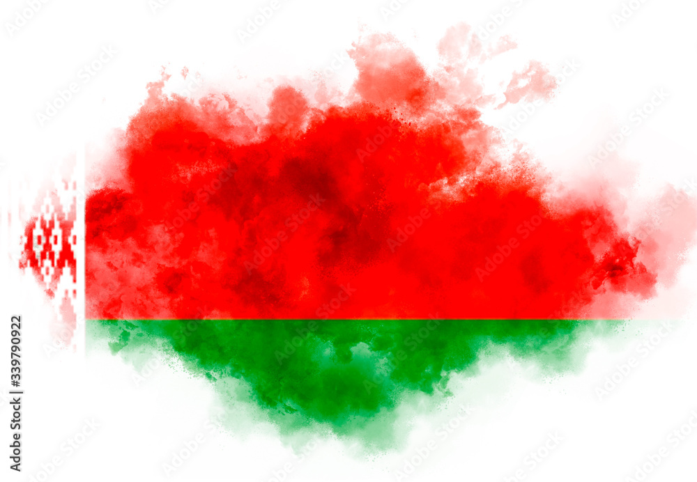 Belarusian flag performed from color smoke on the white background. Abstract symbol.