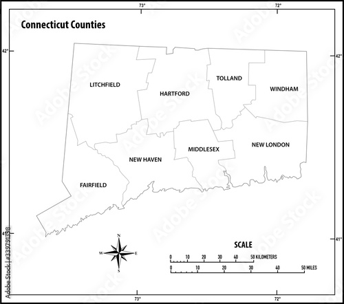 connecticut state outline administrative and political vector map in black and white