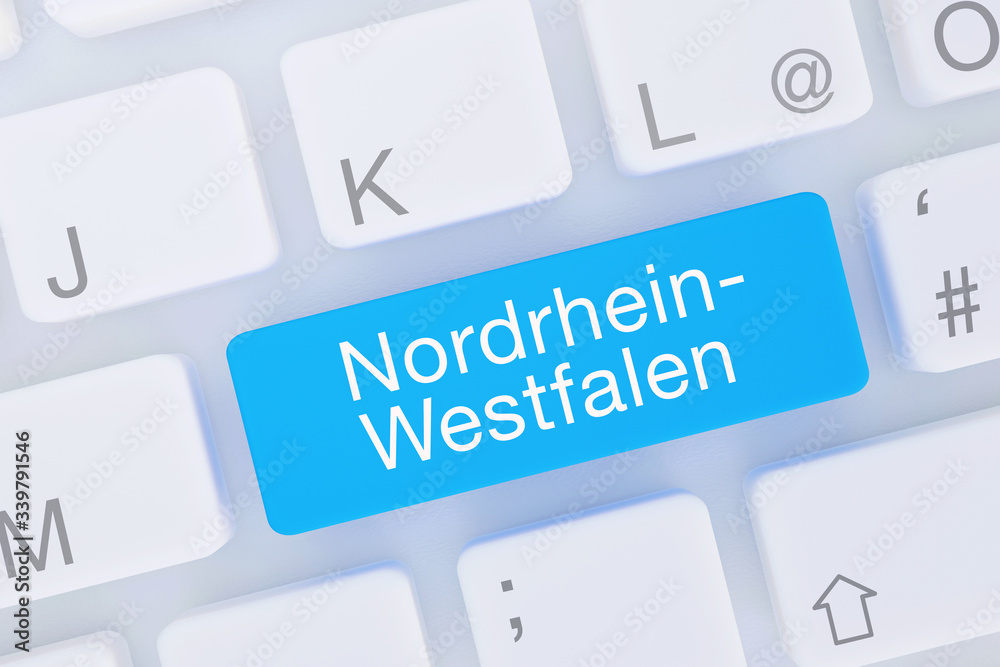 Nordrhein-Westfalen. Computer Tastatur von oben zeigt Taste mit Wort hervorgehoben. Software, Internet, Programm Nordrhein-Westfalen. Computer Tastatur von oben zeigt Taste mit Wort hervorgehoben. Software, Internet, Programm