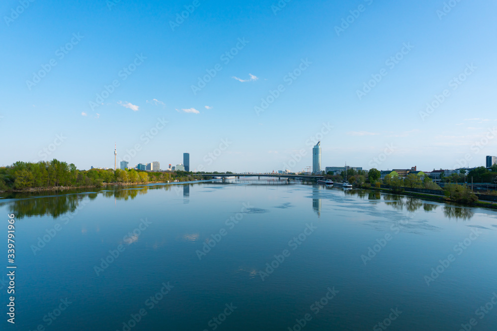 Vienna city view to danube tower and danube river.