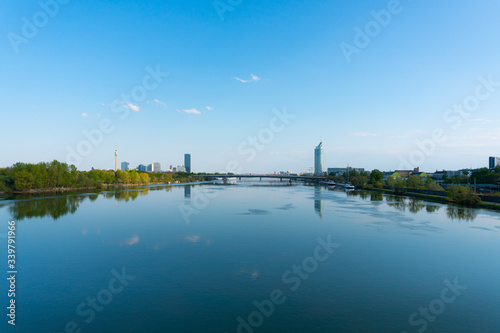 Photography Vienna city view to danube tower and danube river.