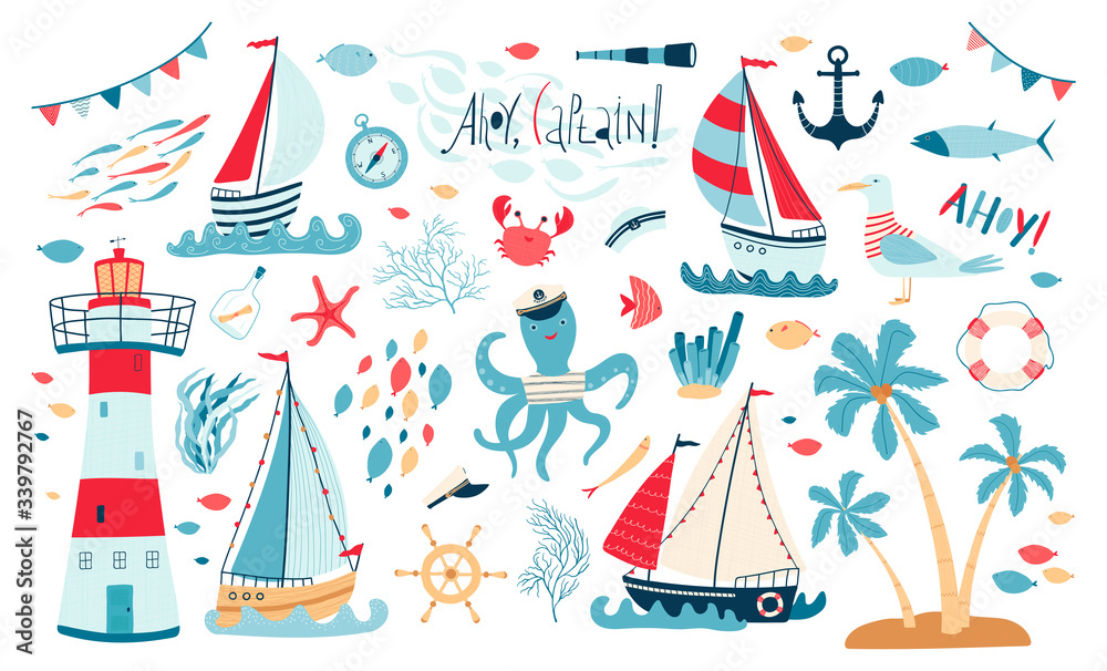 Cute sea collection with sailboat, lighthouse, fish, octopus, Seagull, crab isolated on white background. A set of illustrations for the design of children's rooms and textiles. Vector