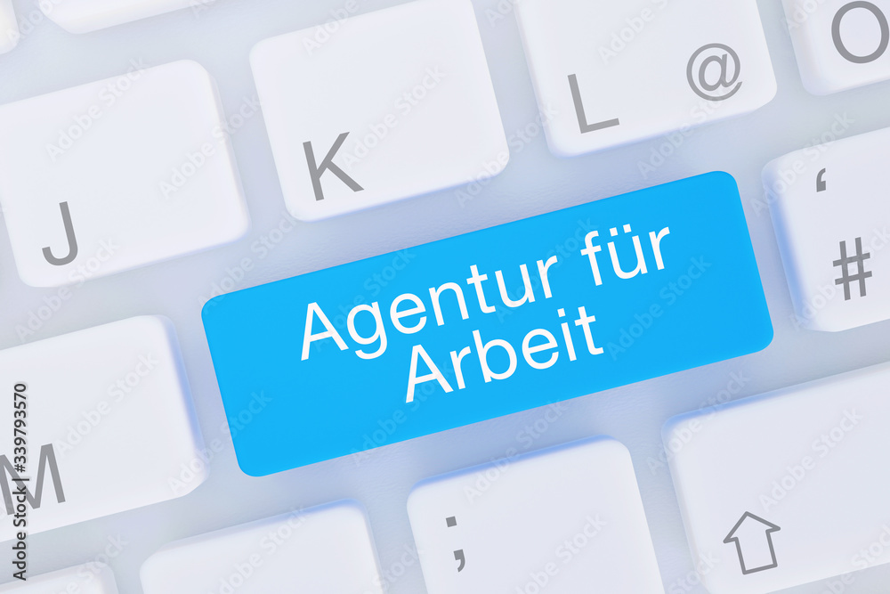 Agentur für Arbeit. Computer Tastatur von oben zeigt Taste mit Wort hervorgehoben. Software, Internet, Programm Agentur für Arbeit. Computer Tastatur von oben zeigt Taste mit Wort hervorgehoben. Software, Internet, Programm