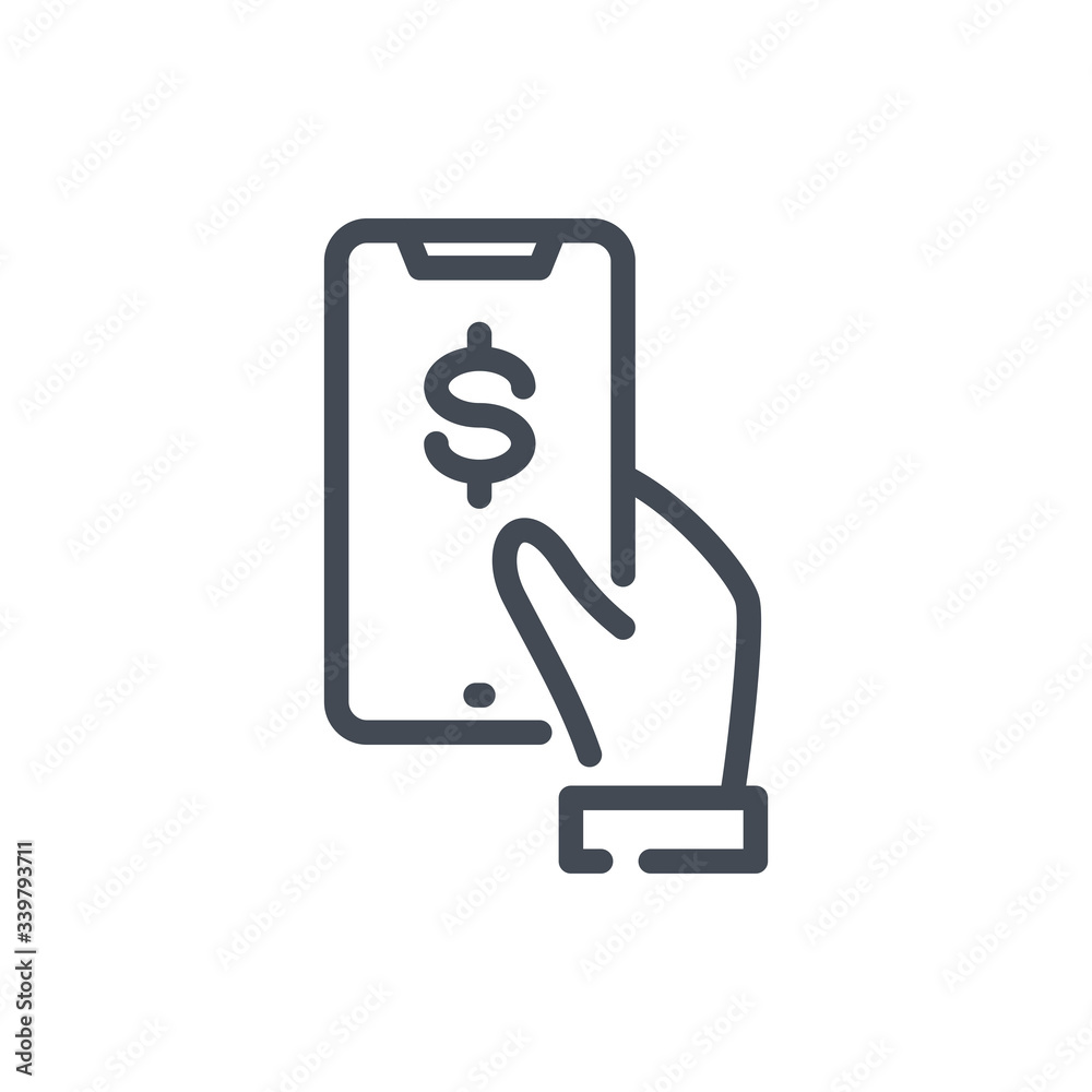 Online and Mobile Payment line icon. Hand with Mobile Phone and Dollar vector outline sign. Online and Mobile Payment line icon. Hand with Mobile Phone and Dollar vector outline sign.
