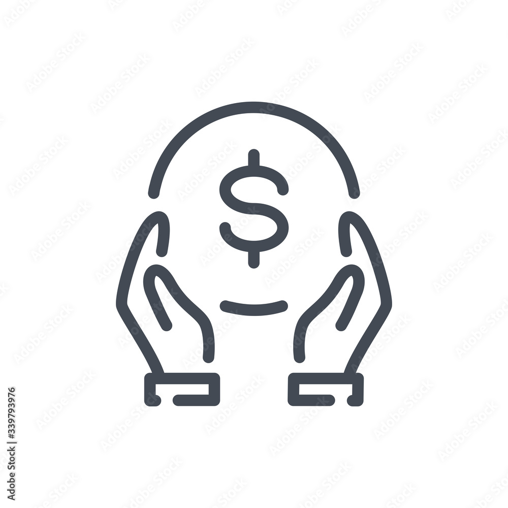 Money Donation line icon. Charity and Financial Support vector outline sign. Money Donation line icon. Charity and Financial Support vector outline sign.