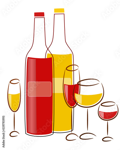 Verres et bouteilles de vin blanc et rouge