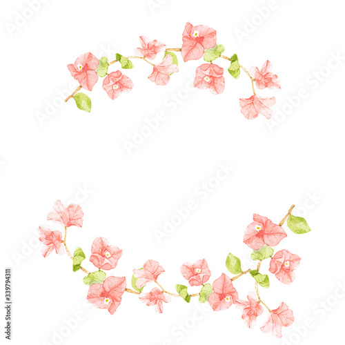 watercolor pink Bougainvillea half circle wreath frame with copy space