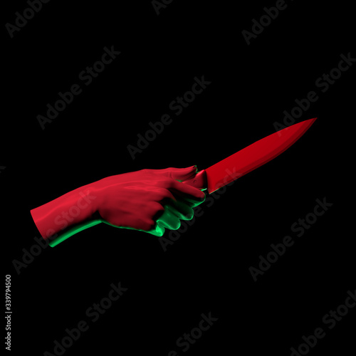 Female hand with knife. Horror concept creative poster 3d rendering