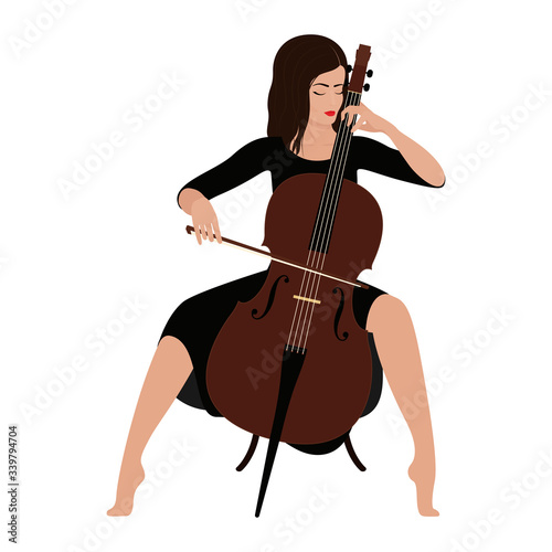 A young girl in a black dress sits on a chair and plays the cello. Vector stock flat illustration isolated on a white background