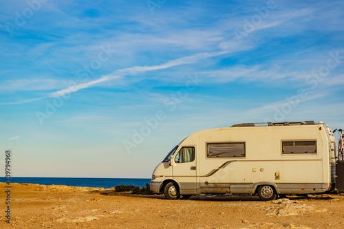 Camper on seaside, camping.