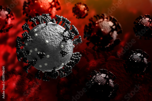 Coronavirus covid-19 under microscope rendering with 3D render