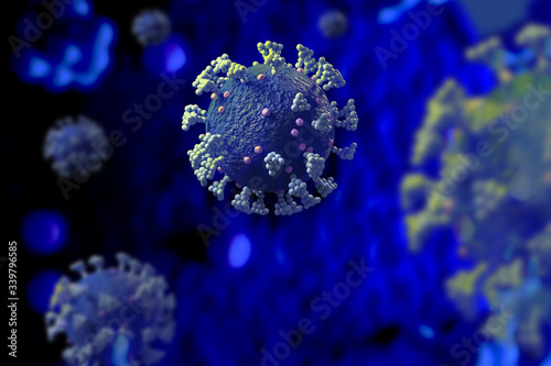Coronavirus covid-19 under microscope rendering with 3D render
