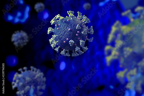 Coronavirus covid-19 under microscope rendering with 3D render