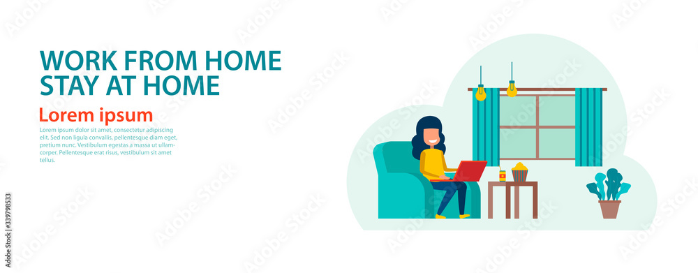 banner of cartoon version of working home and stay home with flat design