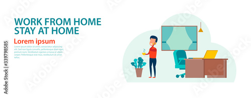 banner of cartoon version of working home and stay home with flat design