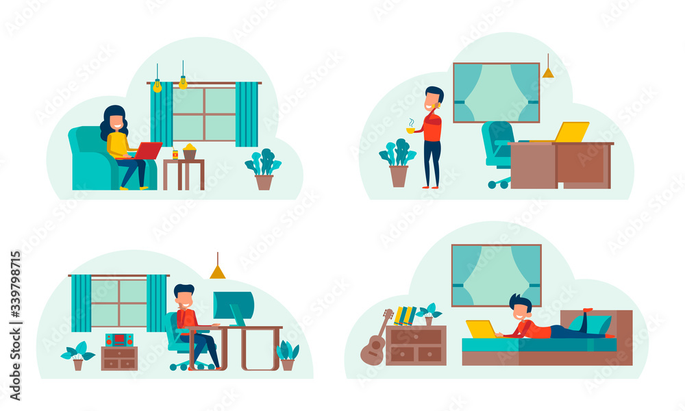 set of cartoon version of working home and stay home with flat design set of cartoon version of working home and stay home with flat design