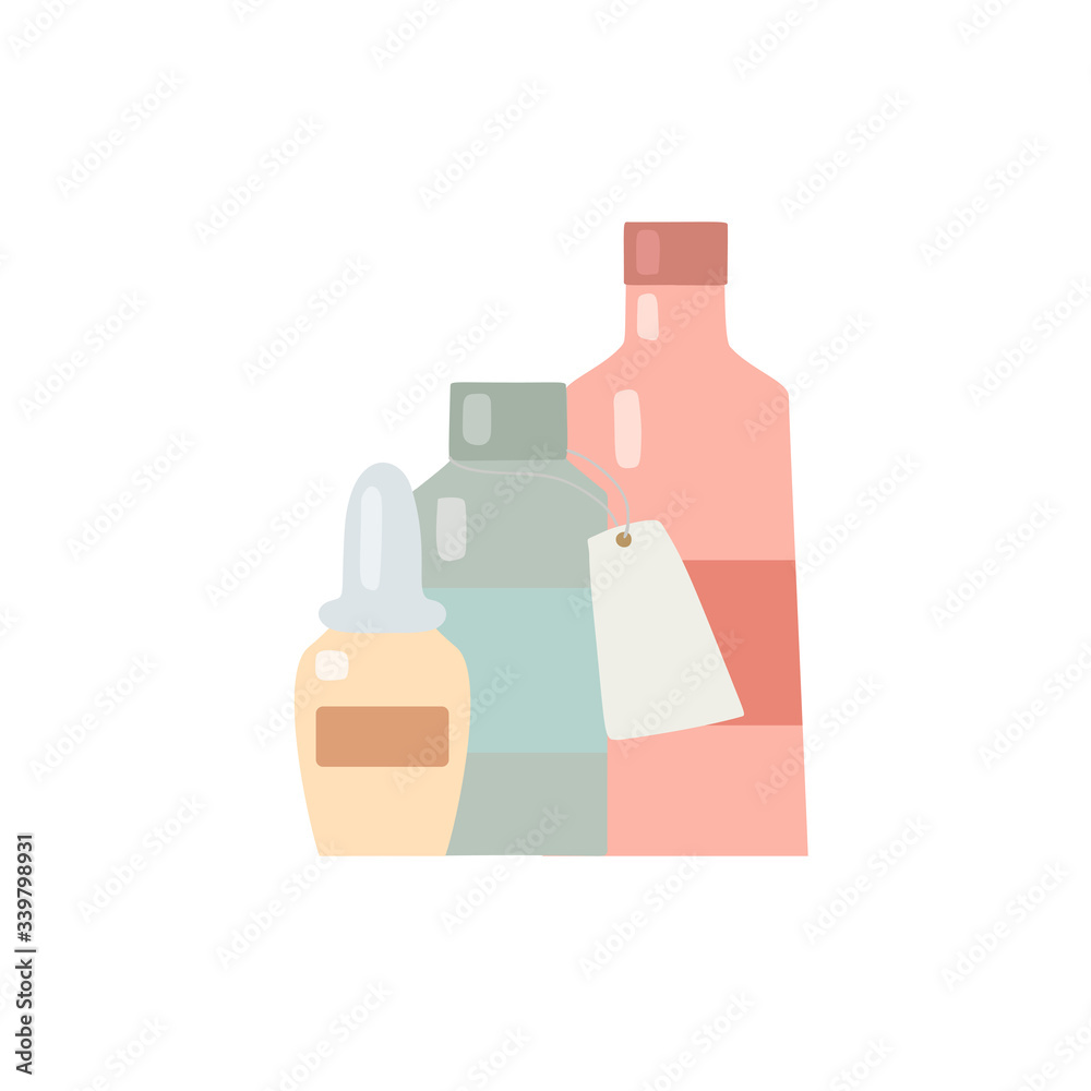 Medicines and balms. Flat illustration of bottles with elixirs and labels. Prescription medicine. Vector glass bottles on a white background for your design. Medicines and balms. Flat illustration of bottles with elixirs and labels. Prescription medicine. Vector glass bottles on a white background for your design.