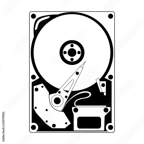 Black and white tech illustration of a hard drive with a top view on a white background. Accessories for the computer. Vector object for drawings, stickers and your design.